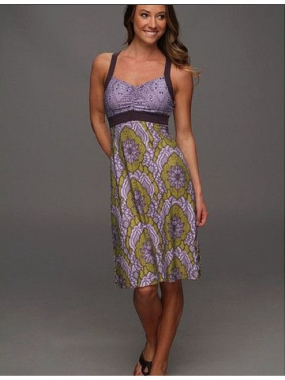 Prana Breathe Amaya Athletic Dress L Print Knee Length Stretch Built-in Bra